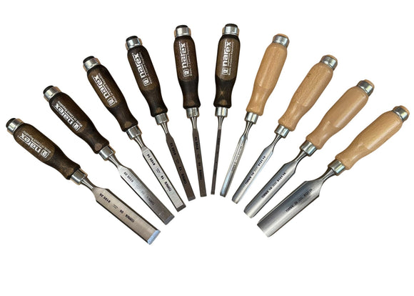 Narex Huljernsæt & Stemmejernssæt i Trækasse 10 stk jern| Cr - Mn 59 HRc - Snedkerværktøj